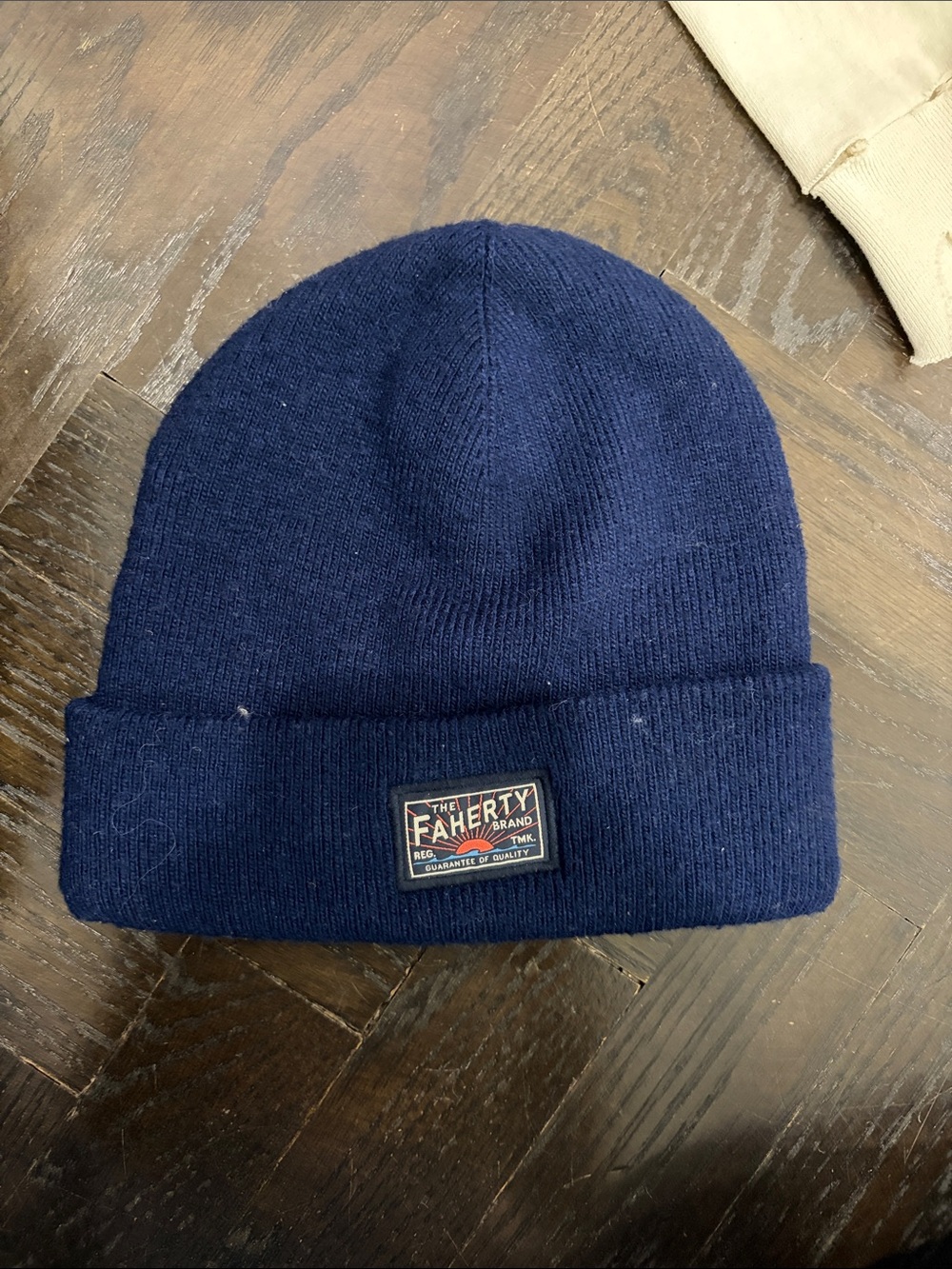 Faherty Navy Ribbed Cuffed Beanie with Logo Patch